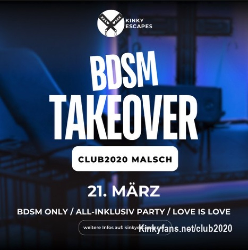 Freitag, 21.03.2025 BDSM TAKEOVER bei Kinky Escapes
Beginn: 20 Uhr
Die BDSM Party mit Konzept und Stil.
Die Party ausschließlich für Menschen mit BDSM Neigung, Interesse und Neugierde.
Willkommen beim BDSM TAKEOVER im @Club2020 in Malsch
Heute Abend gehört der komplette Club dem BDSM
Wir sind @Watson_Rina und revolutionieren seit 1,5 Jahre die Kink- und BDSM-Szene mit unseren Konzept-Partys.
Aktuell schauen wir auf c.a 17 tolle Partys im privaten und öffentlichen Rahmen zurück, die wir mit unseren Gästen feiern und genießen durften. Wir sind mit unseren Events sowohl im Rhein-Main und im Rhein-Neckar-Gebiet zuhause.